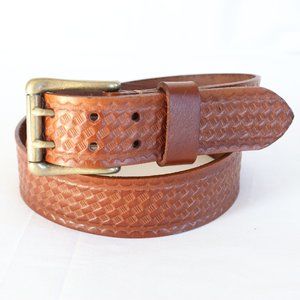 33" Handmade brown 100% cowhide embossed basketweav leather belt 2 hole buckle Y